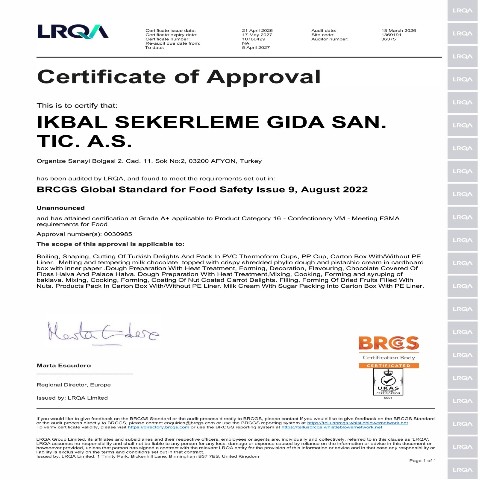 LRQA Certificate of Approval 