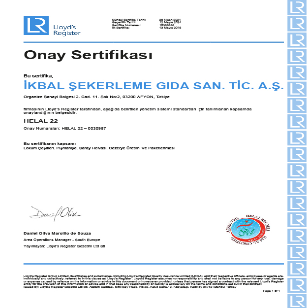 Lloyd's Register Certificate of Approval - Halal Certificate