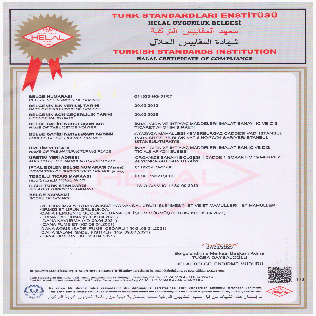 Turkish Standards Institute Halal Conformity Certificate